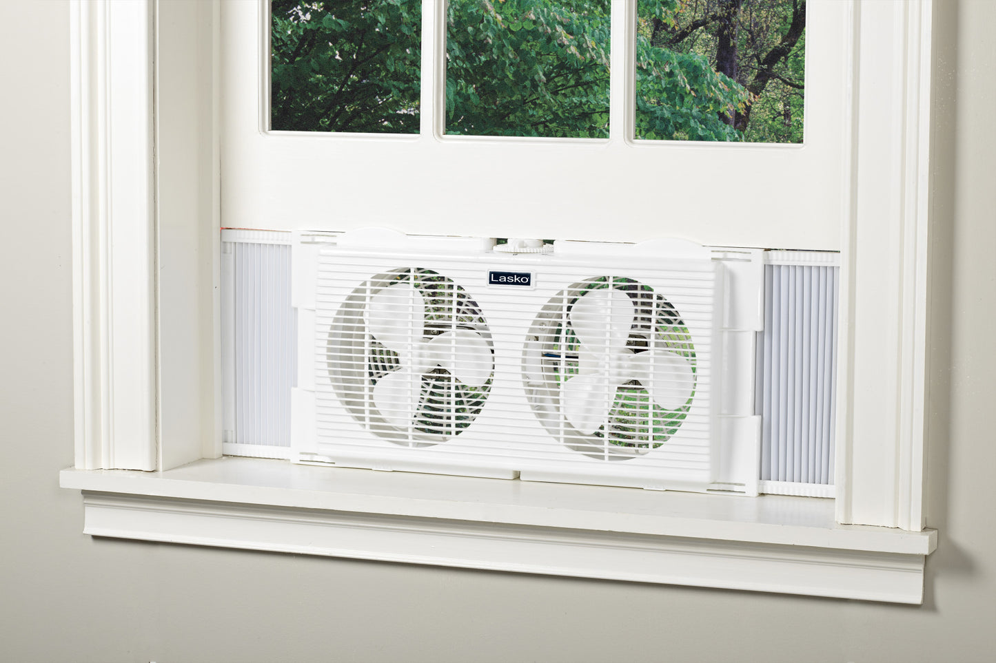 Lasko 2-Speed Twin Window Fan with Expander Panels, 2137, White