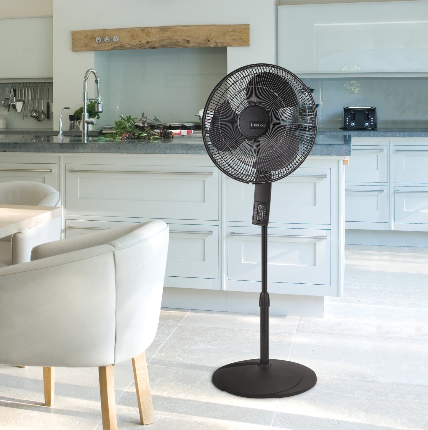 Lasko 16" Pedestal Fan: Oscillating, 4-Speed, Remote, Timer, Thermostat, Black