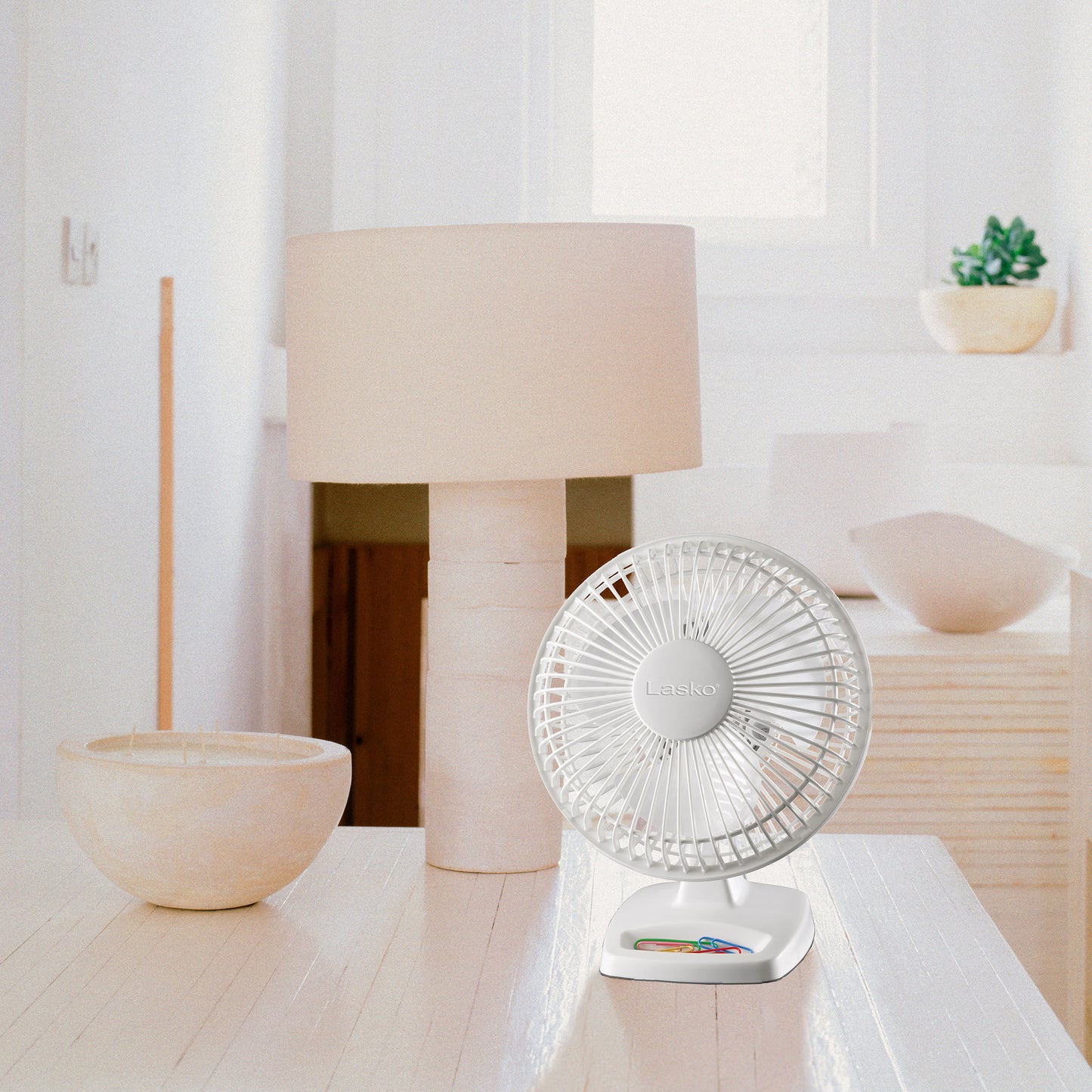 Lasko 6" 2-Speed Personal Table Fan with Storage Tray, 2002W, White