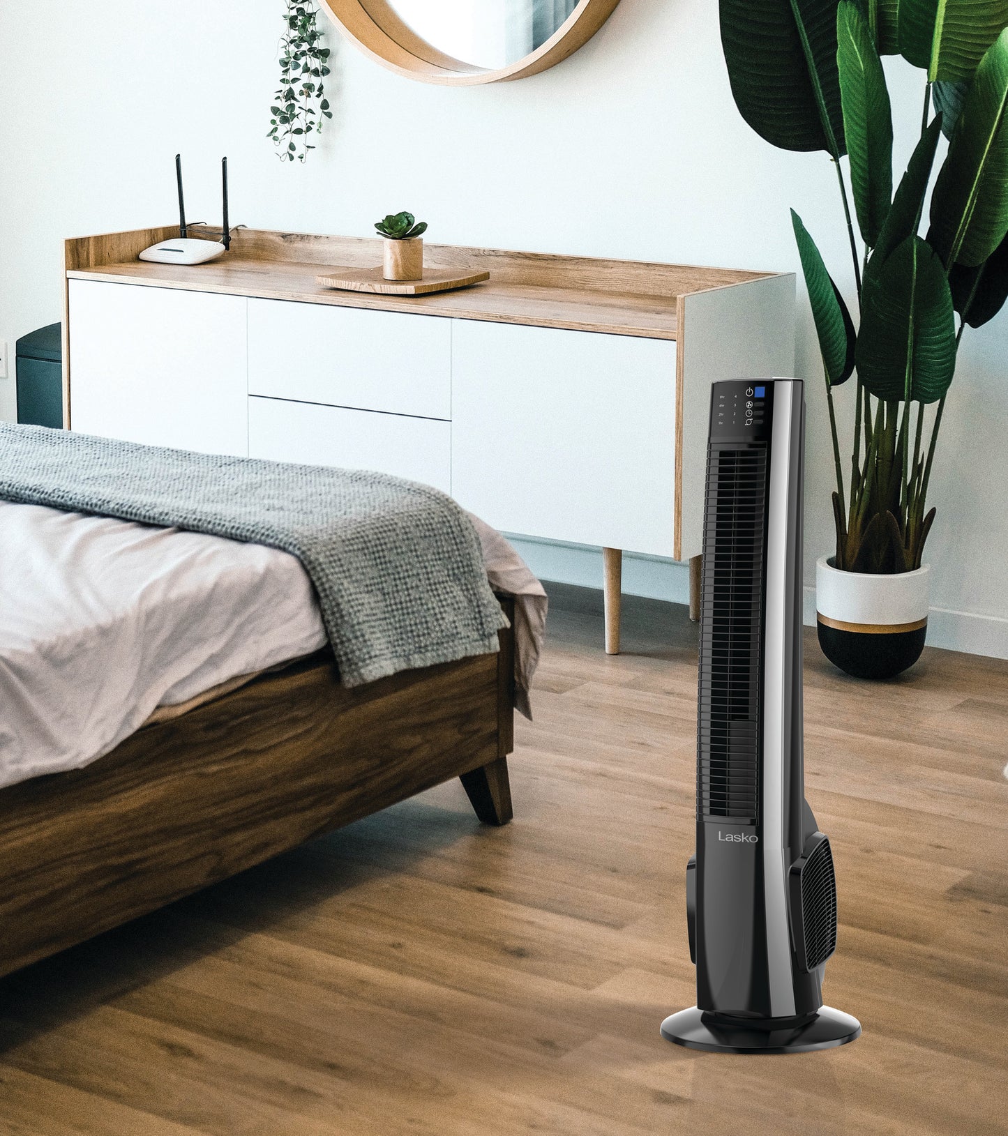 Lasko 38" Hybrid Tower Fan: Oscillating, 4-Speed, Remote, Timer, Black