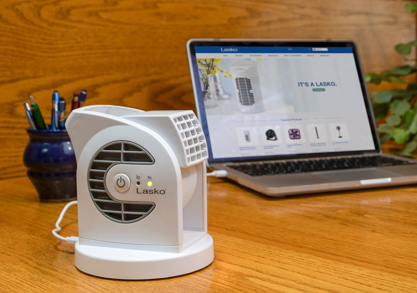 Lasko MyCool Mini USB 2- Speed Desk Fan with USB Cable and AC Adapter, D300, White