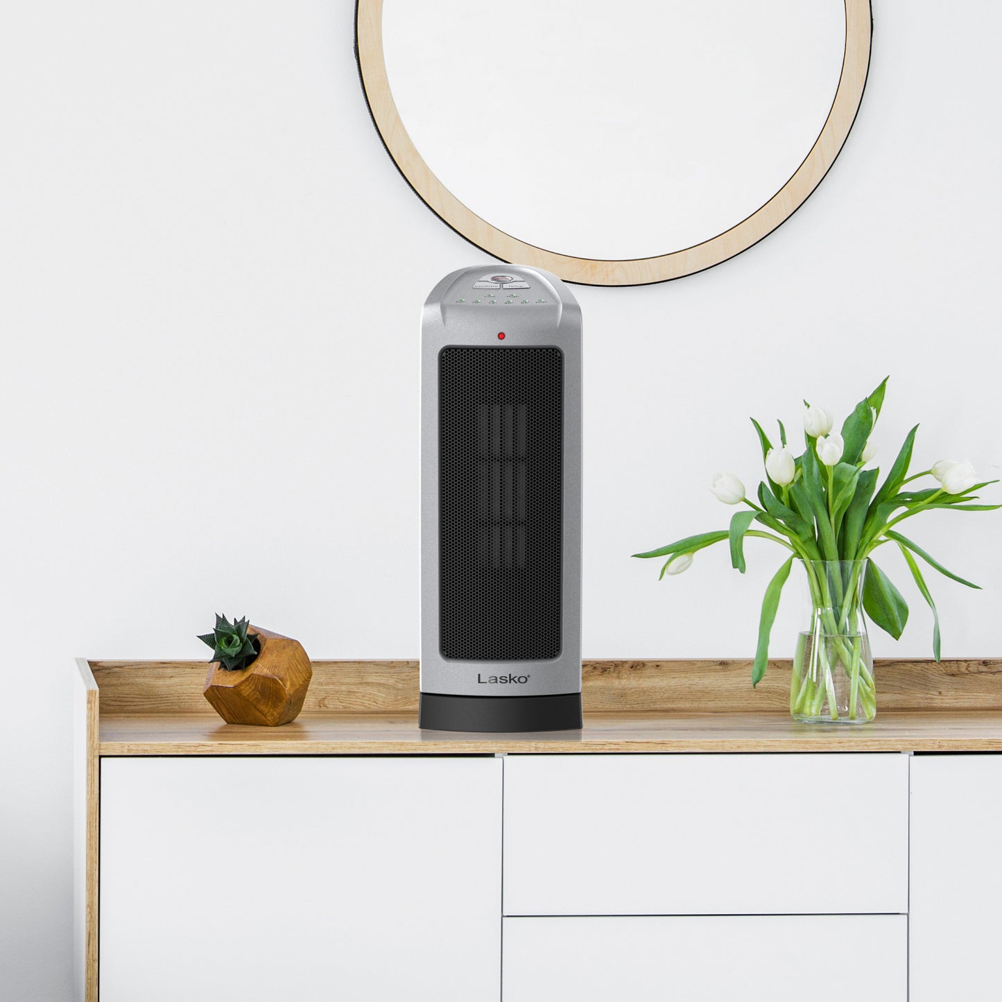 Lasko 1500W Oscillating Ceramic Tower Space Heater with Adjustable Thermostat, 2-Speeds, 5309, Silver