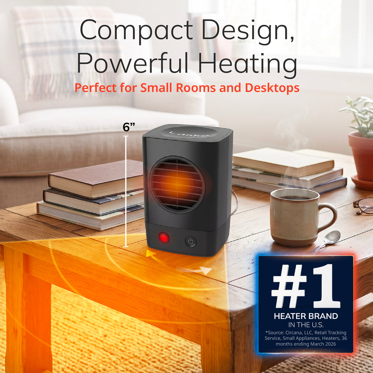 Lasko MyHeat Mini 6" Personal Ceramic Space Heater: 400W, 1 Heat Setting, Black