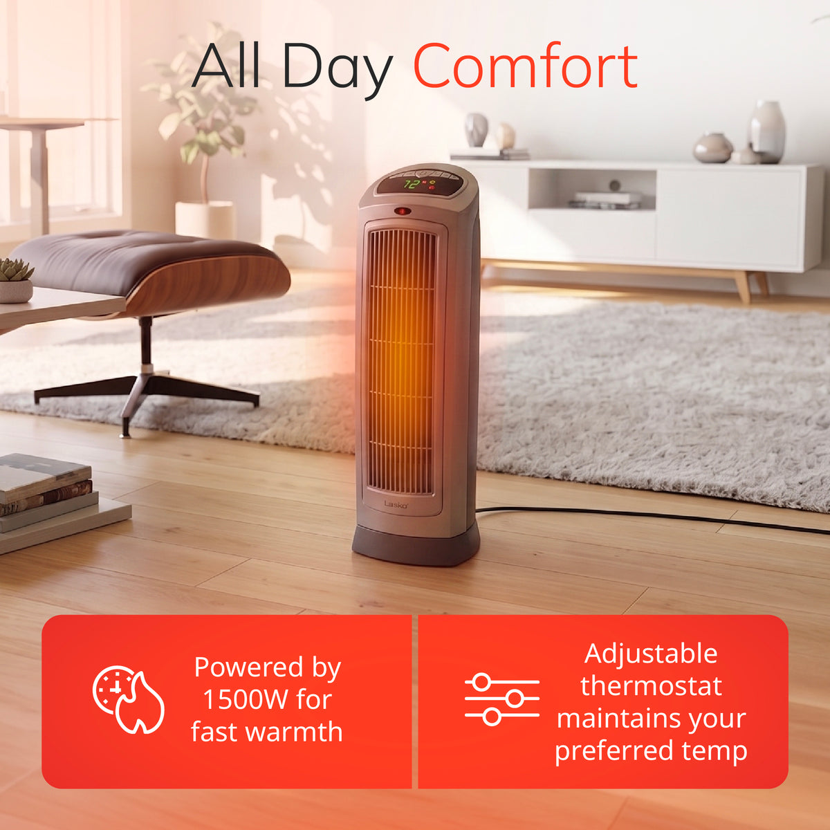 Lasko 23" Ceramic Tower Space Heater: Oscillating, 2 Heat Settings, Remote, Timer, Thermostat