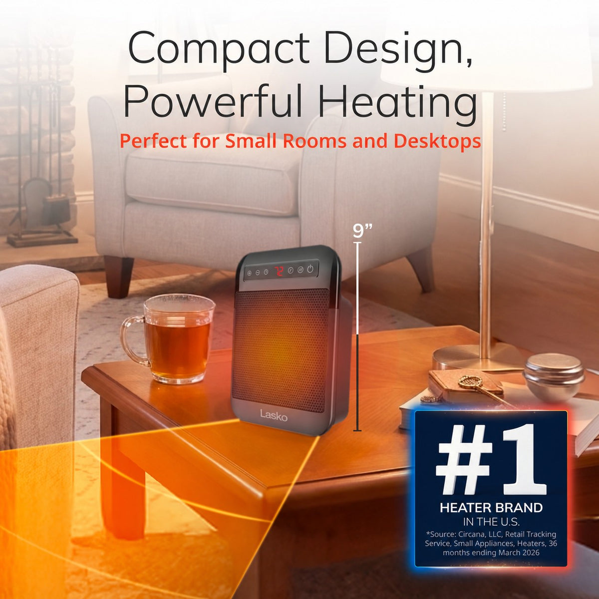 Lasko MyHeat Max 9" Ceramic Space Heater: 2 Heat Settings, Timer, Tip-Over Switch, Thermostat