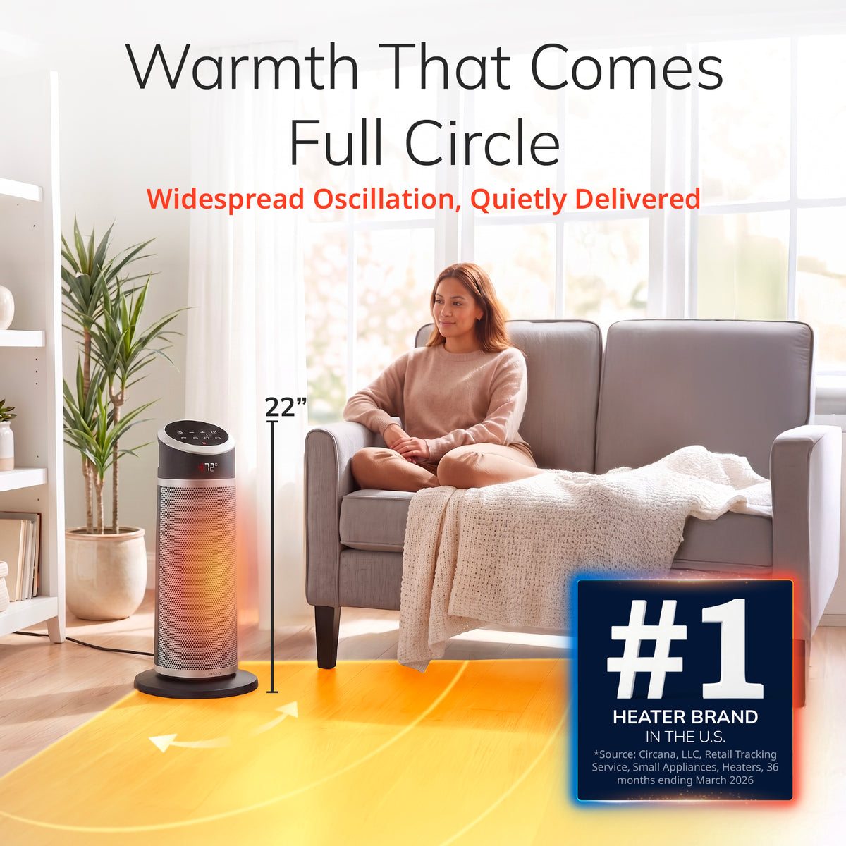 Lasko Halo 22" Ceramic Tower Space Heater: Oscillating, 3 Heat Settings, 2 Fan Modes, Remote, Timer, Tip-Over Switch, Child Lock, Thermostat
