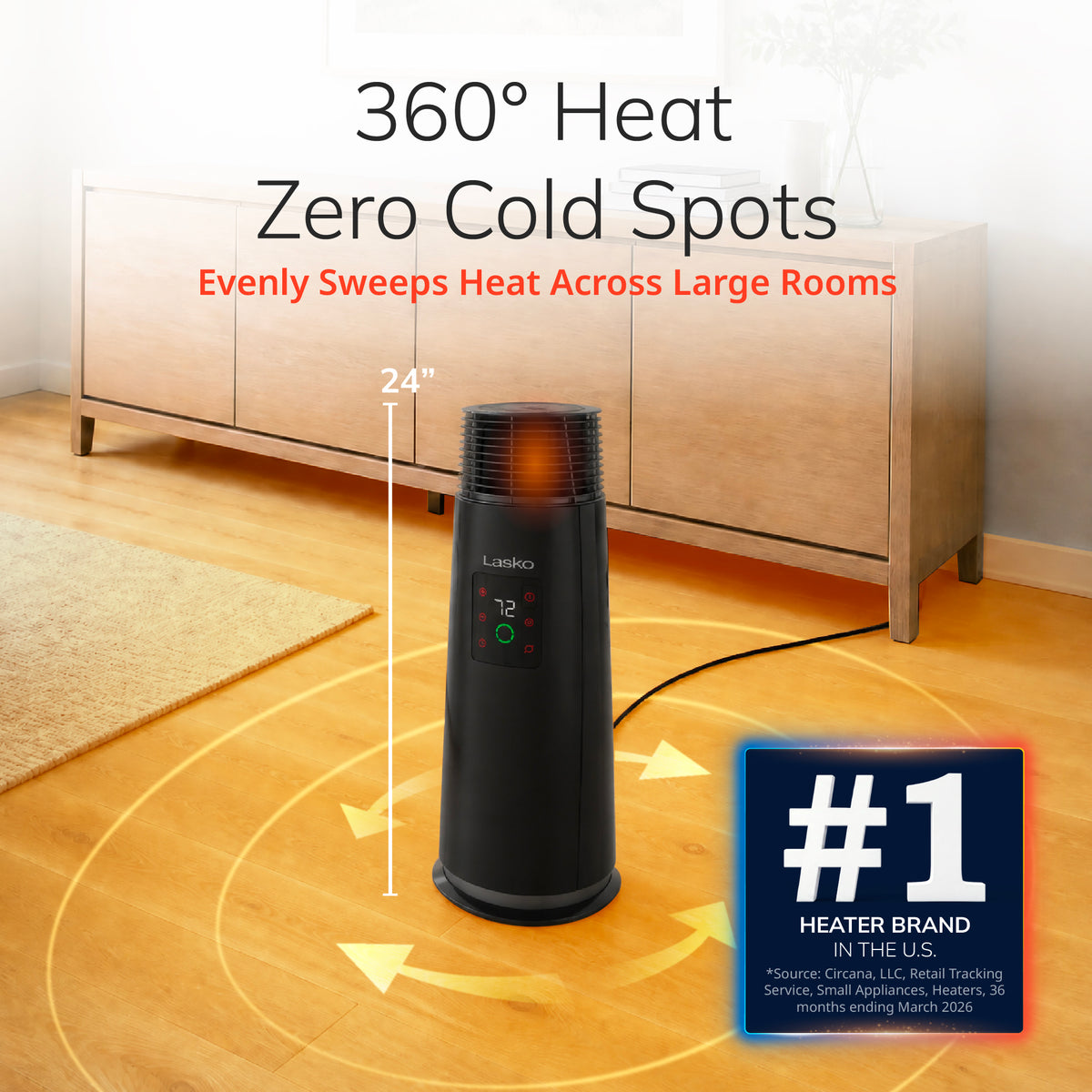 Lasko 24" Full-Circle Ceramic Tower Space Heater: Oscillating, 3 Heat Settings, Remote, Timer, Tip-Over Switch, Thermostat, Black