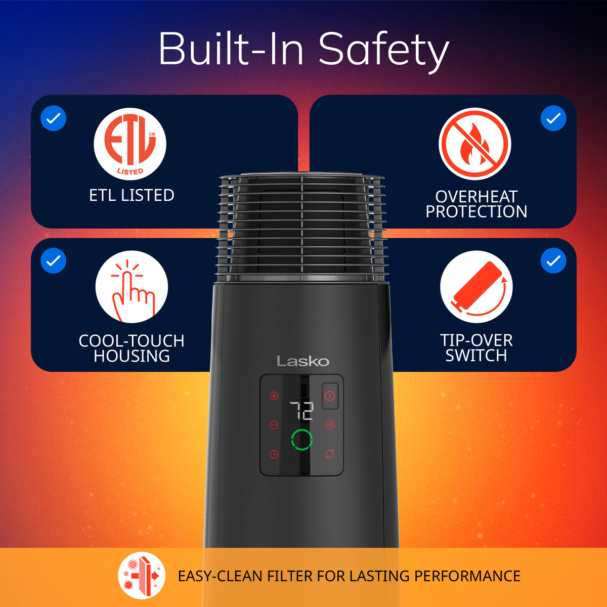 Lasko 24" Full-Circle Ceramic Tower Space Heater: Oscillating, 3 Heat Settings, Remote, Timer, Tip-Over Switch, Thermostat, Black