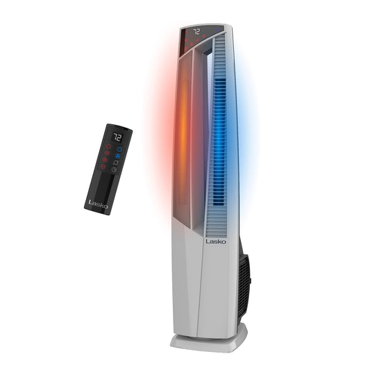 Lasko DUO Comfort 38" AC Tower Fan & Ceramic Space Heater: Oscillating, 3 Heat Settings, 4 Fan Speeds, Remote, Timer, Tip-Over Switch, White
