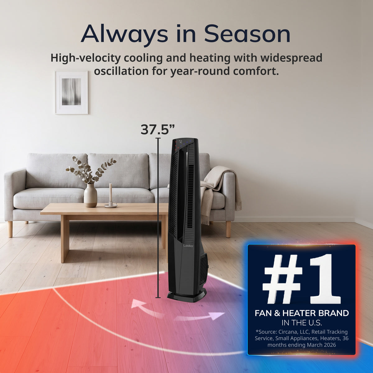 Lasko DUO Comfort 38" DC Tower Fan & Ceramic Space Heater: Oscillating, 3 Heat Settings, 4 Fan Speeds, Remote, Timer, Tip-Over Switch