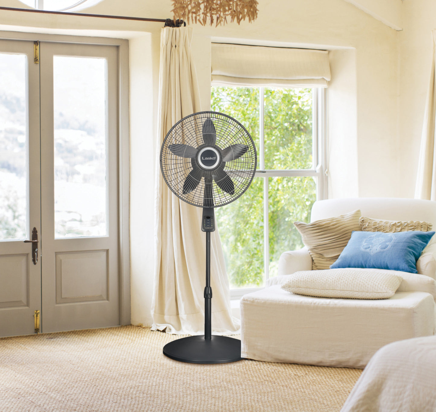 Lasko 18" Pedestal Fan with Remote Control and Thermostat, S18965, Gray