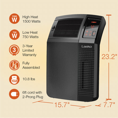 Lasko 1500W Electric Cyclonic Ceramic Room Space Heater with 8-Hour Ti
