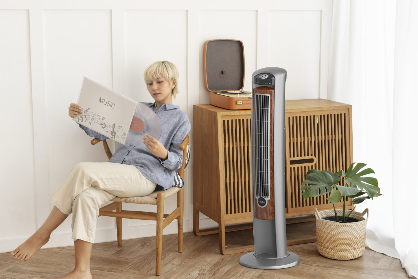 Lasko 42" Wind Curve Tower Fan with Ionizer and Remote, 2554, Gray/Woodgrain