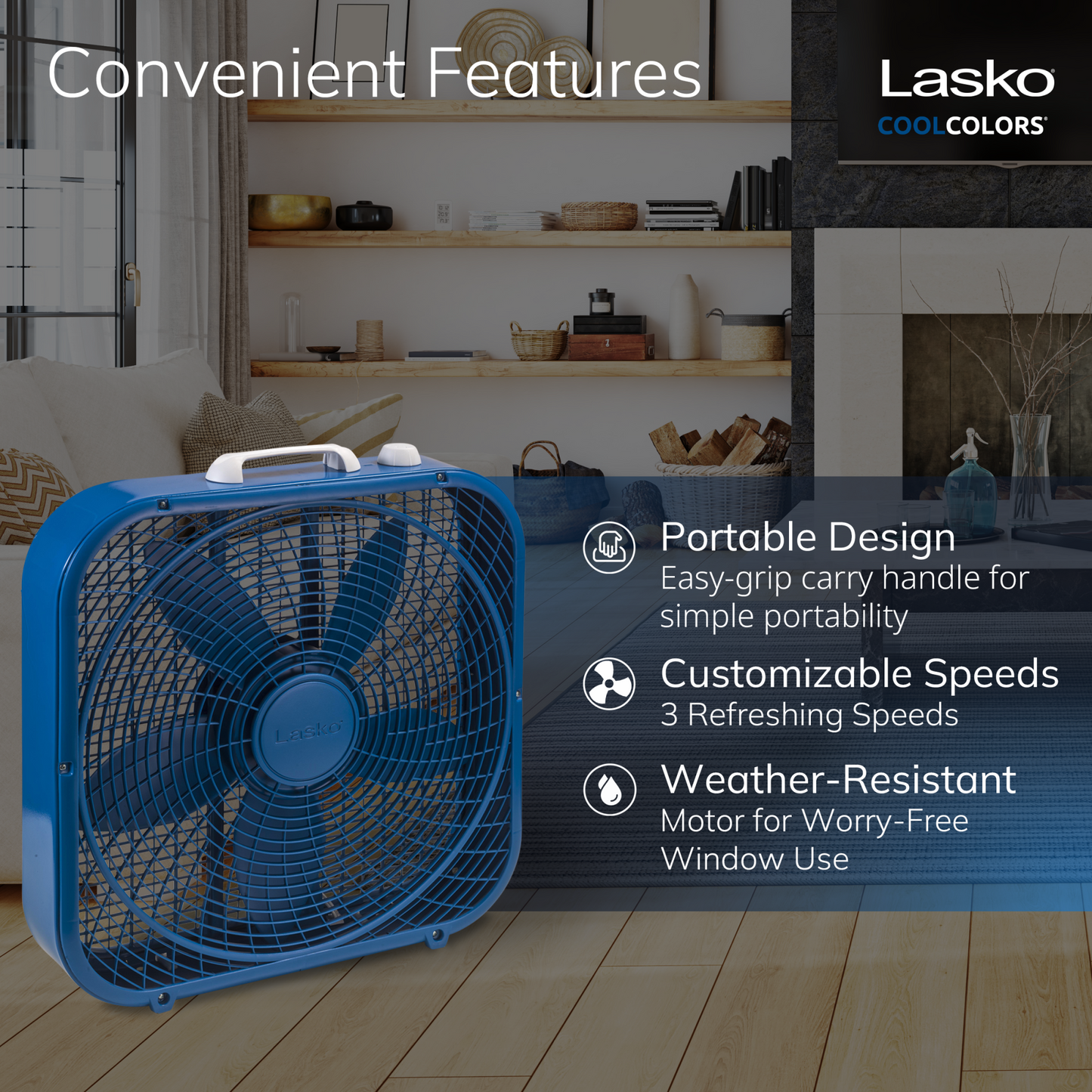 Lasko Cool Colors 20" 3-Speed Box Fan, B20308, Blue