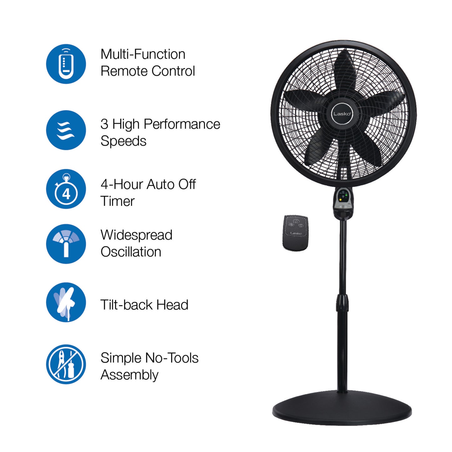 Lasko 18" 3-Speed Oscillating Cyclone Pedestal Fan with Remote and Timer, 1843, Black