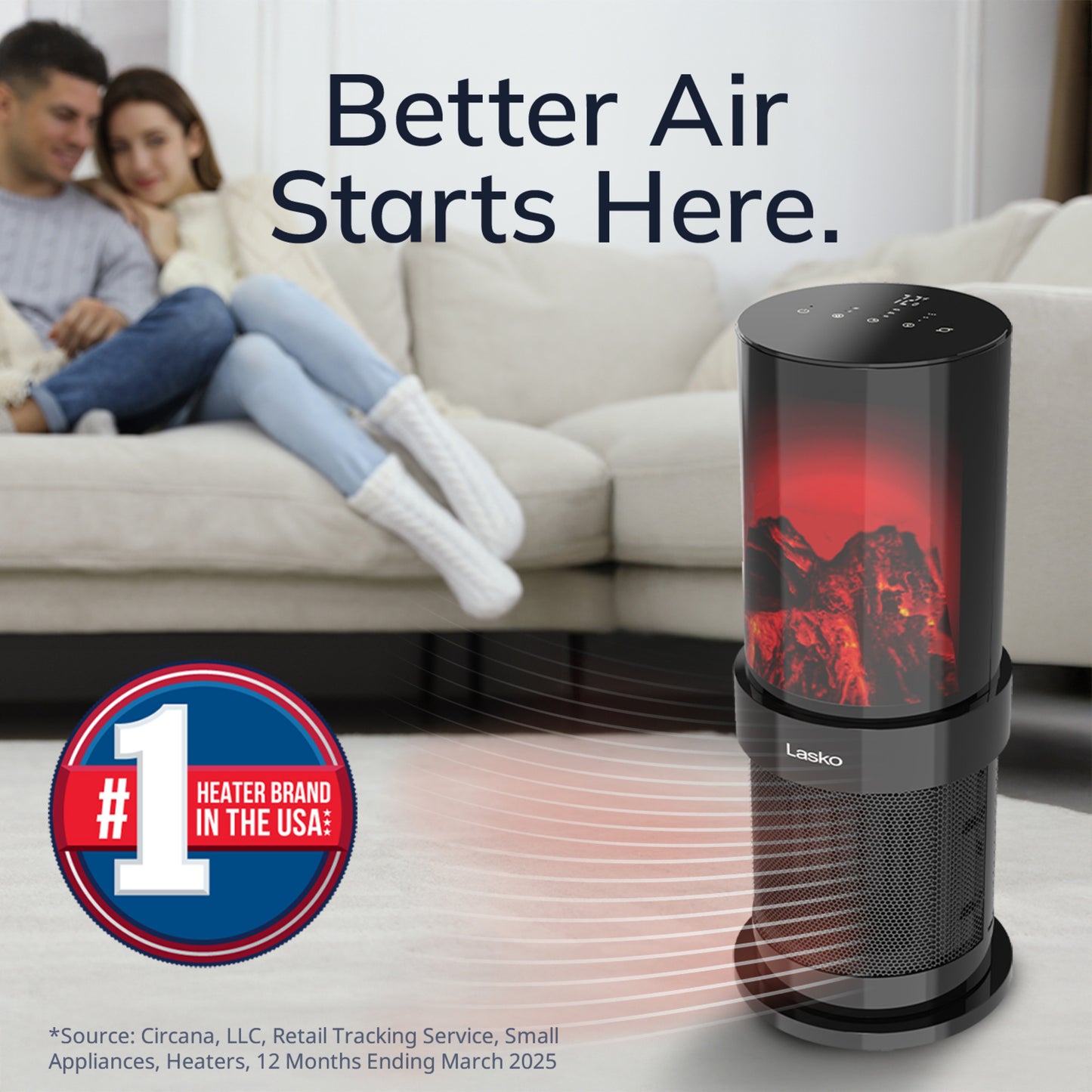 Lasko CA20175 20" 1500W Oscillating Fireplace Ceramic Tower Space Heater with Tip-Switch: Black
