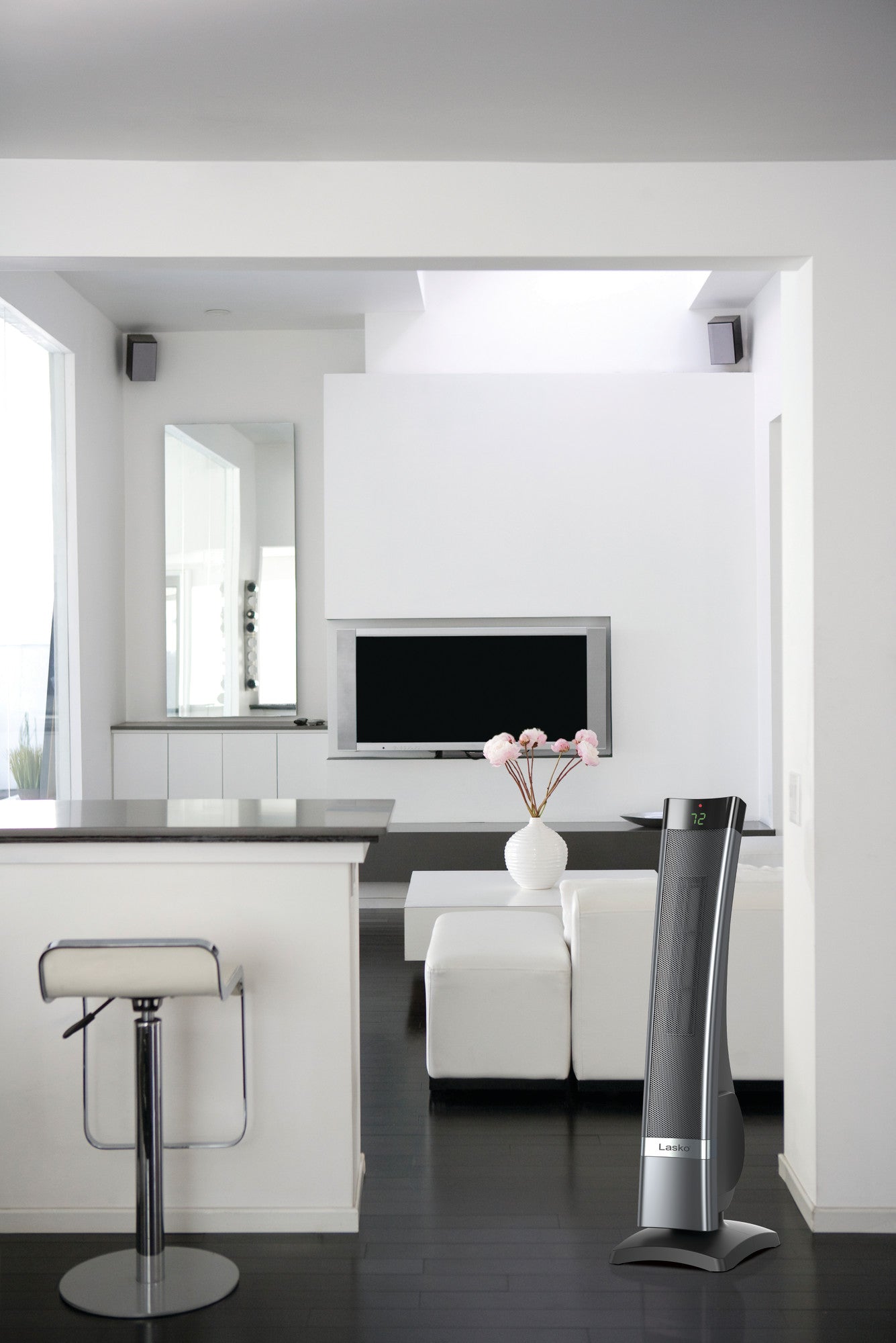 Lasko 1500W Ceramic Tower Space Heater with Timer and Remote Control, CT30711, Silver