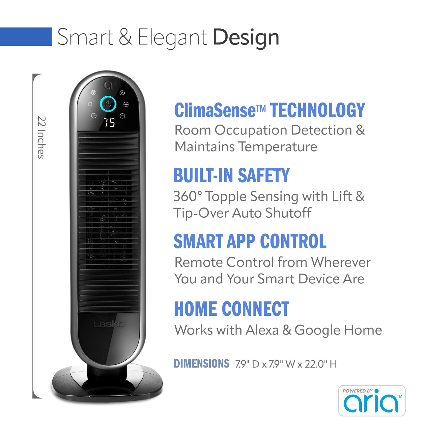 Lasko Aria™ AR122 22" ThermaSMART Ceramic Tower Heater, Black