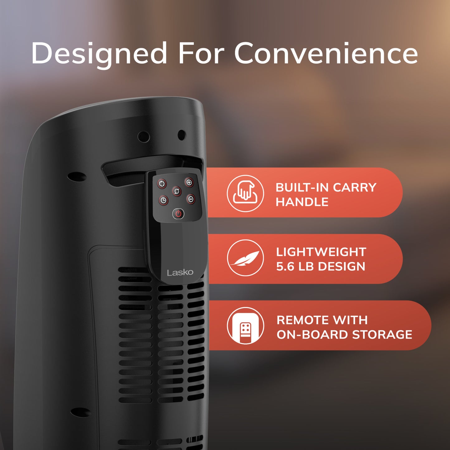 Lasko 1500W 23-In. Ceramic Tower Space Heater with Timer and Remote Control, CT22766, Black