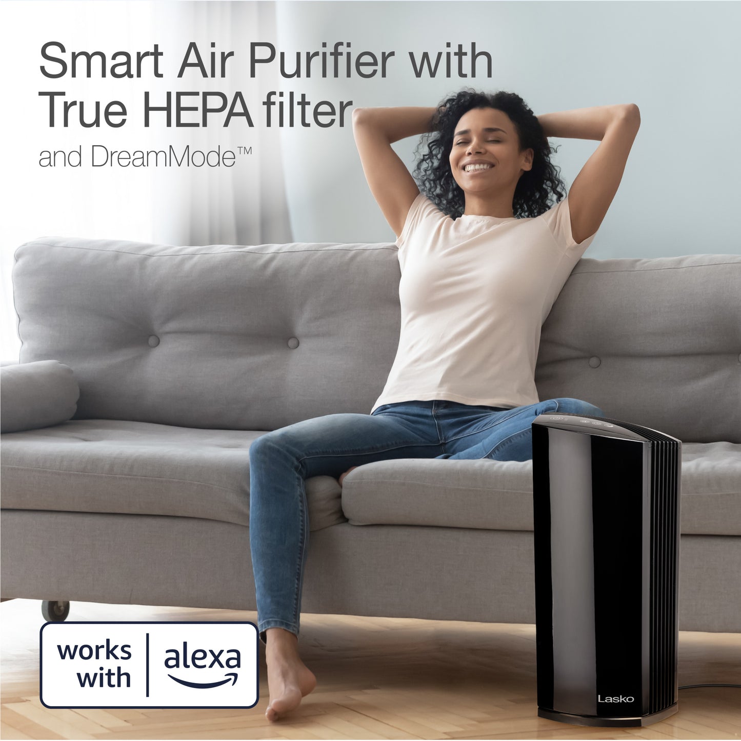 Lasko Smart Air Purifier with True HEPA Filter, Works with Alexa, LP450S, Black
