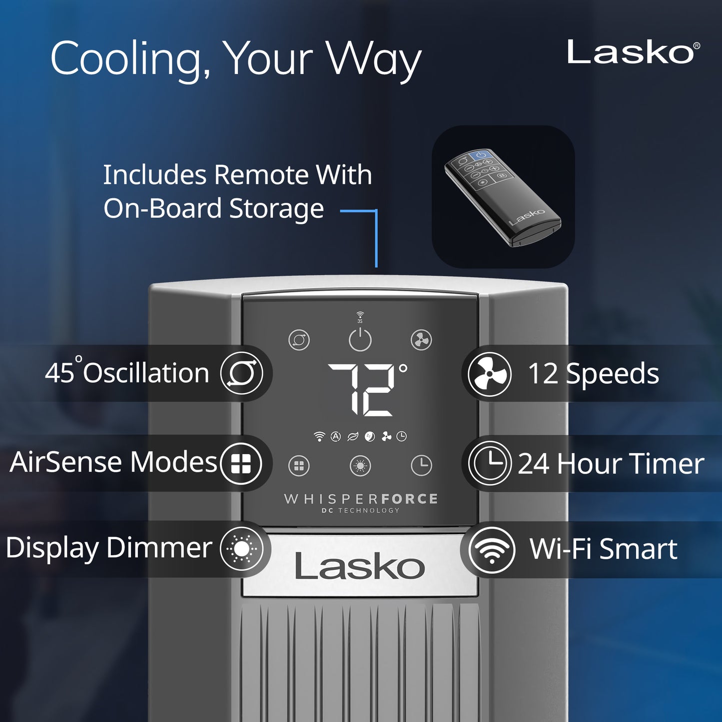 Lasko TDC48 WhisperForce™ DC Aria™ 48" Tower Fan (12-speed, remote, gray)