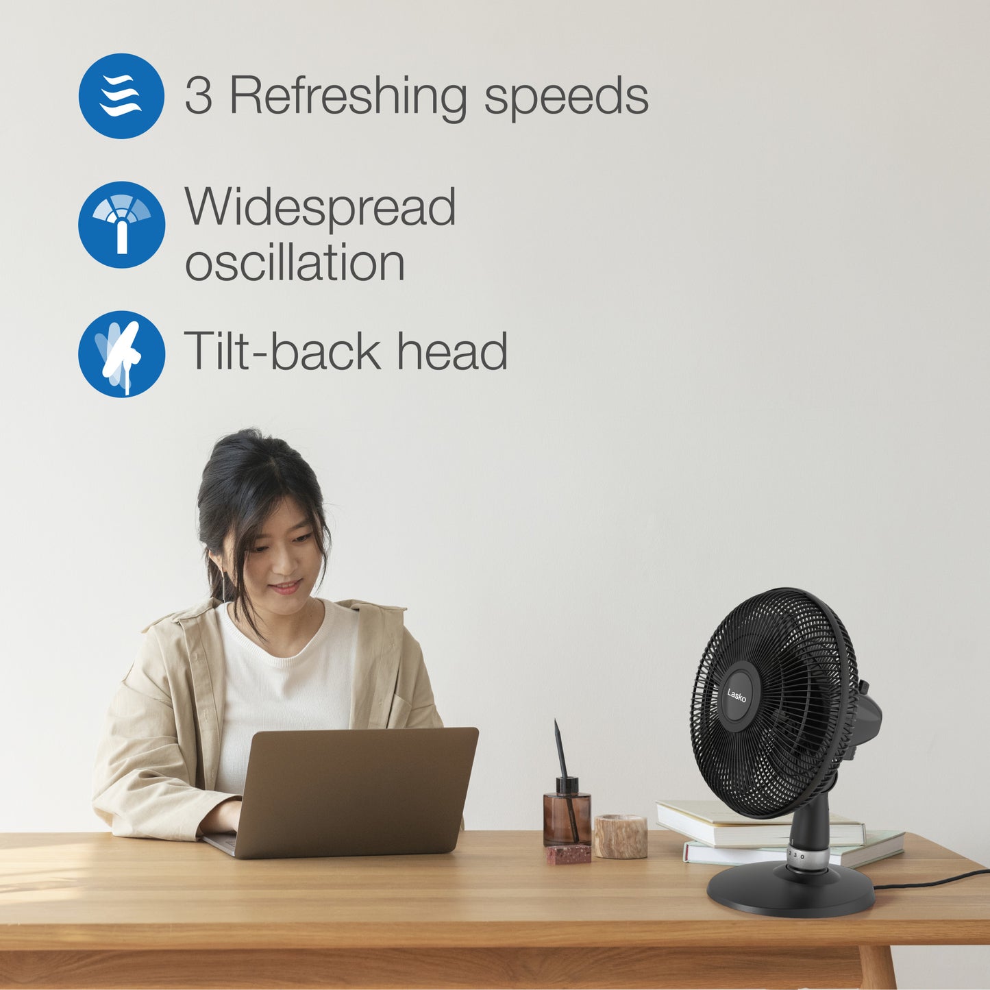 Lasko 3-Speed Table Fan with Widespread Oscillation, D12525, Black