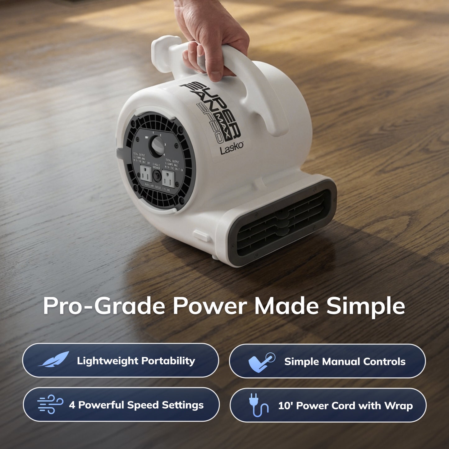 Lasko Super Fan Max 13" Air Mover Fan: 4-Speed, High Velocity, 2 Outlets, White