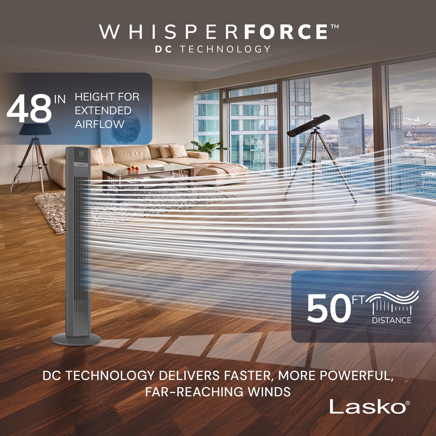 Lasko TDC48 WhisperForce™ DC Aria™ 48" Tower Fan (12-speed, remote, gray)