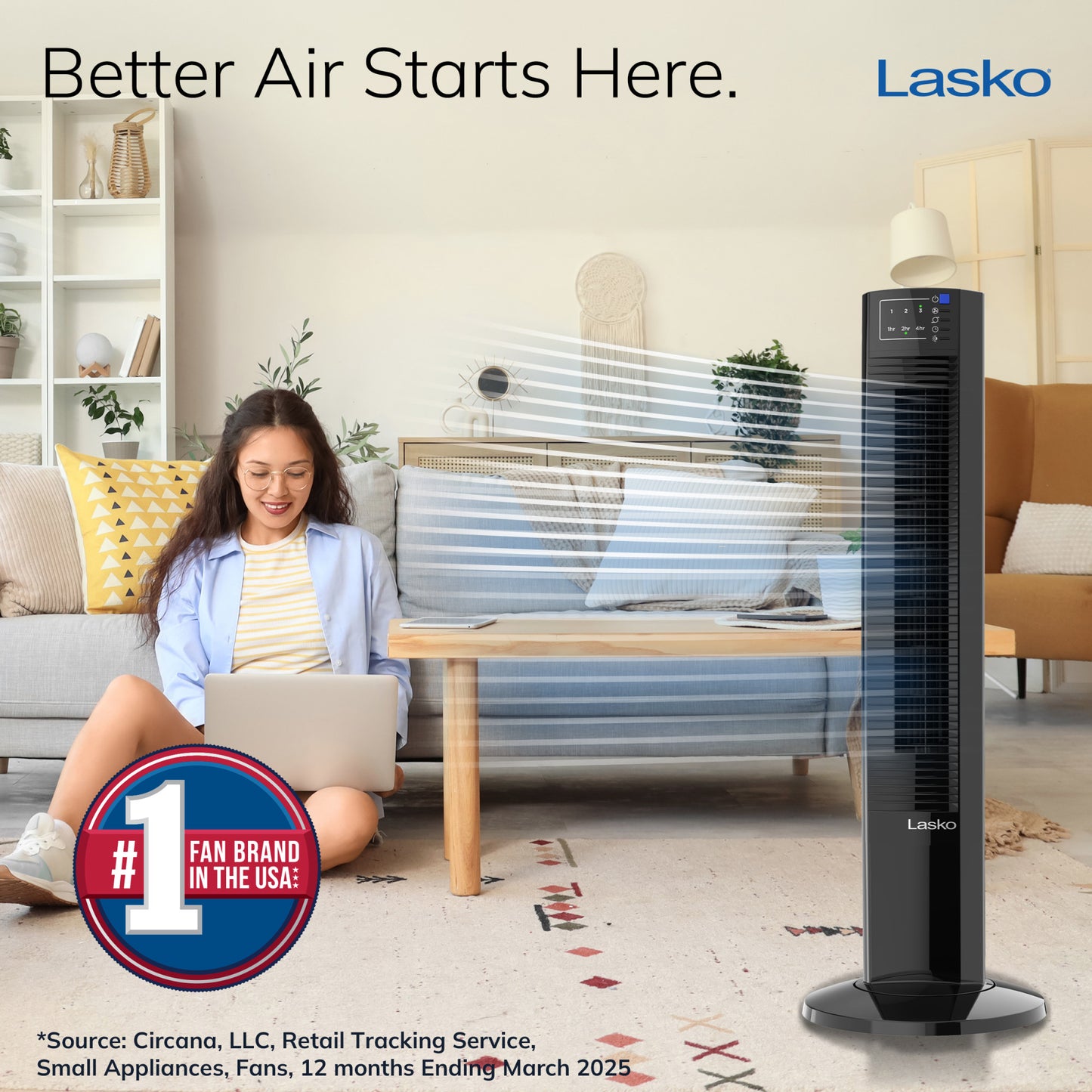 Lasko Wind Tower® Fan with Nighttime Mode and Remote, T36510, Black