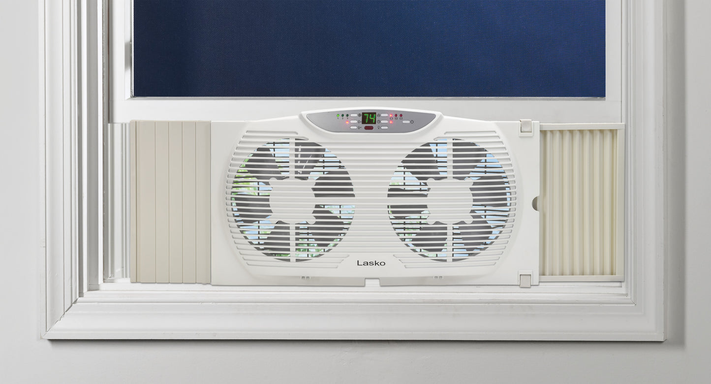 Lasko 3-Speed Electrically Reversible Twin Window Fan with Remote Control, W09550, White