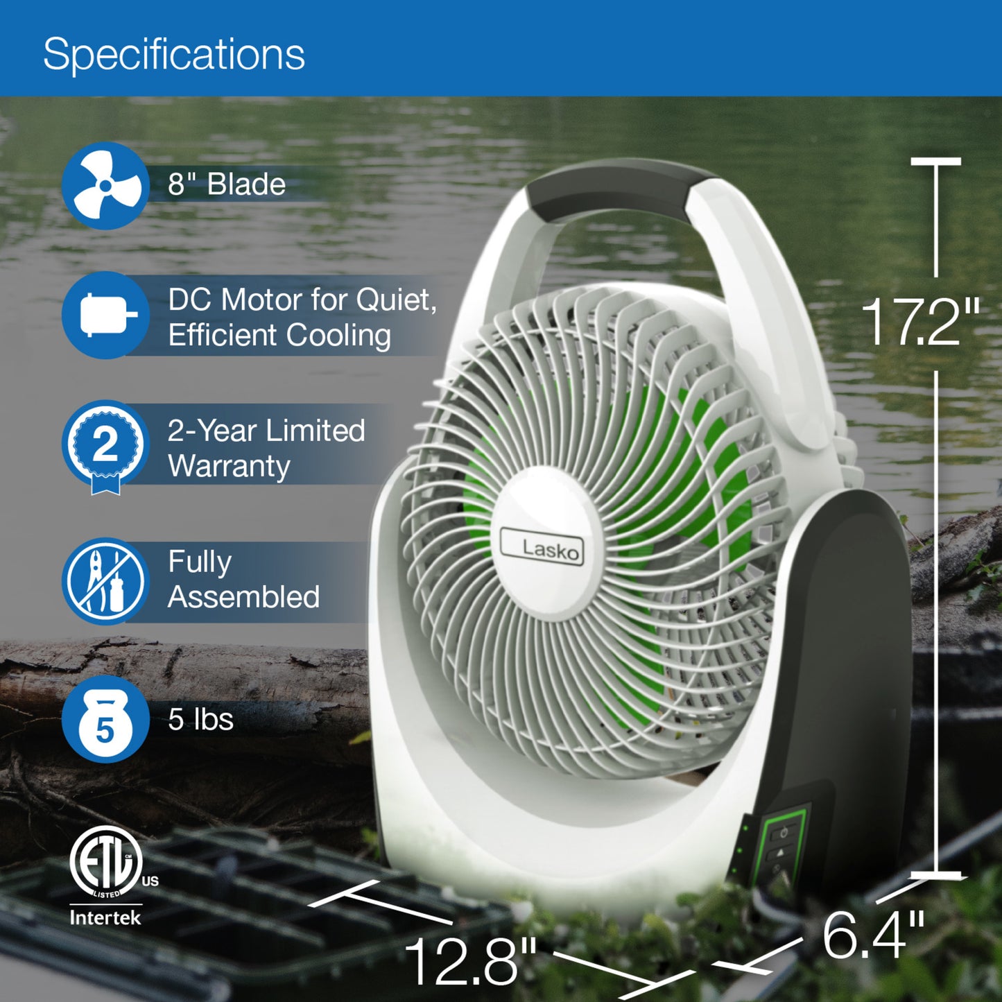 Lasko 17" 5-Speed Portable Battery Fan with 18V Lithium Ion Battery and Adapter, RB200, White