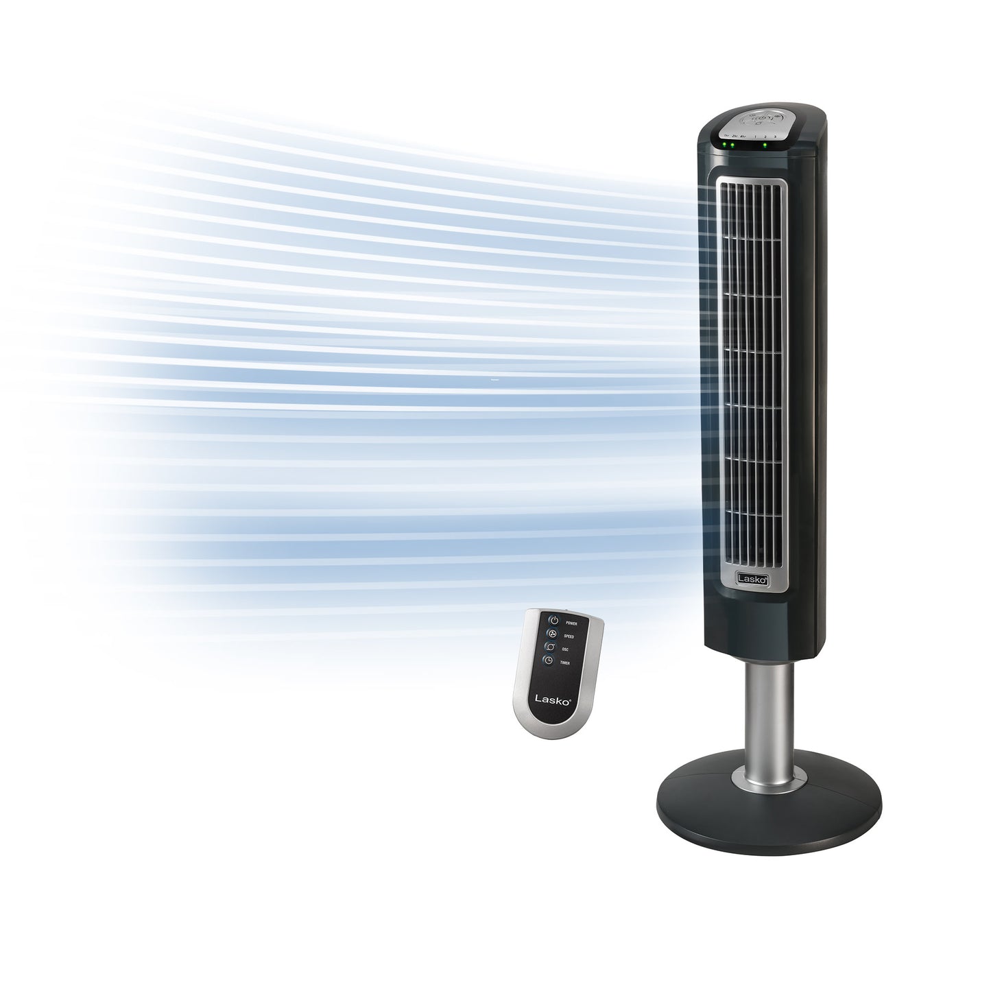 Lasko 38" Wind Tower 3-Speed Oscillating Tower Fan with Remote and Timer, 2519, Gray