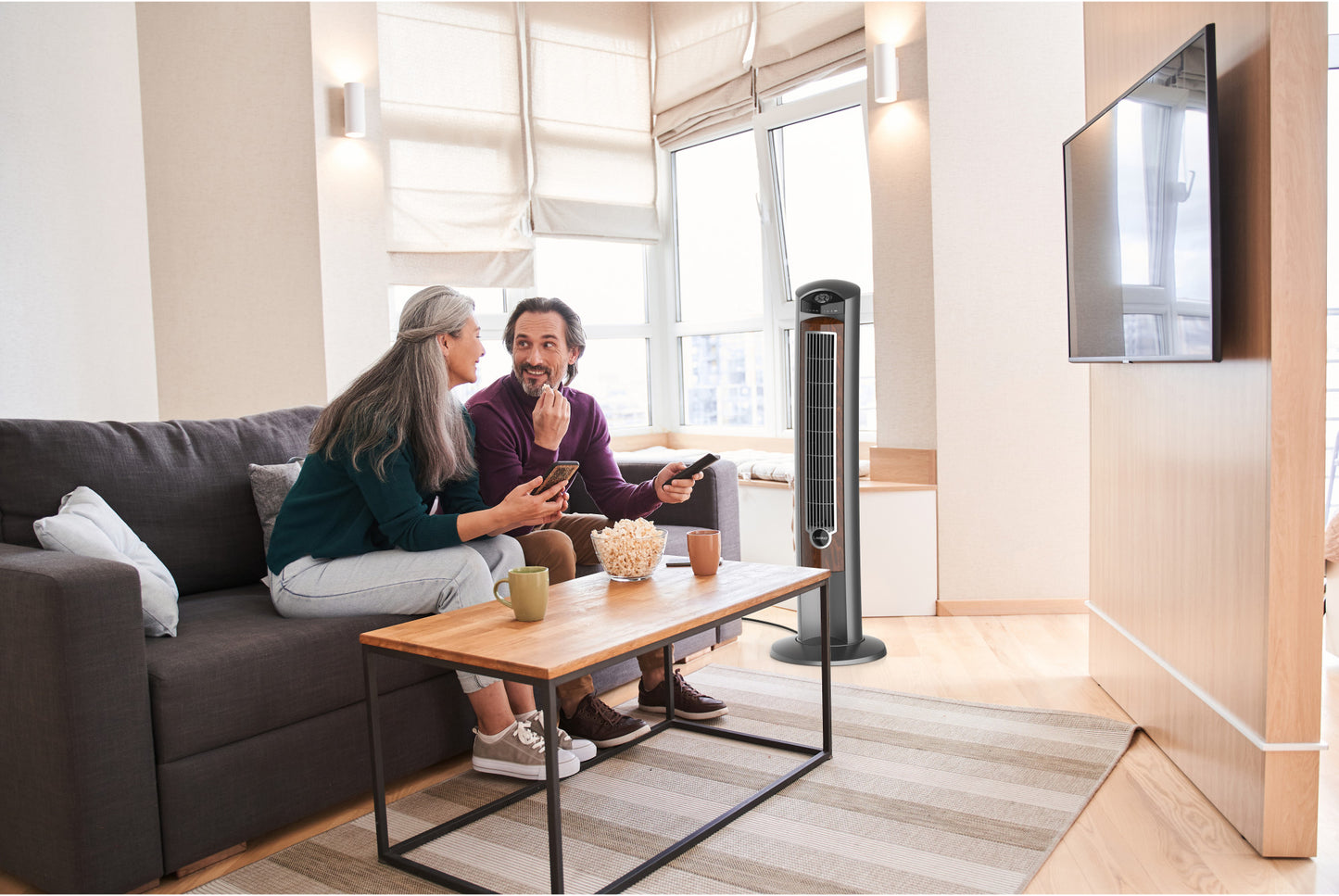 Lasko 42" Wind Curve Tower Fan with Ionizer and Remote, 2554, Gray/Woodgrain