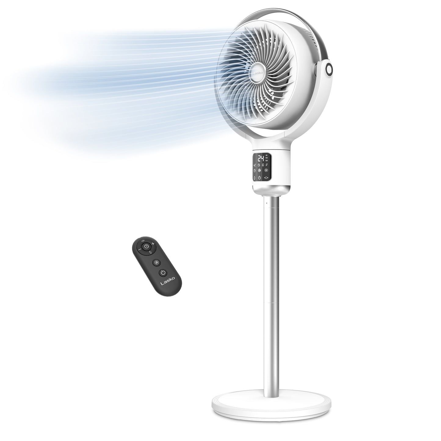 table fan with DC motor, timer, smart sensor, and remote control features