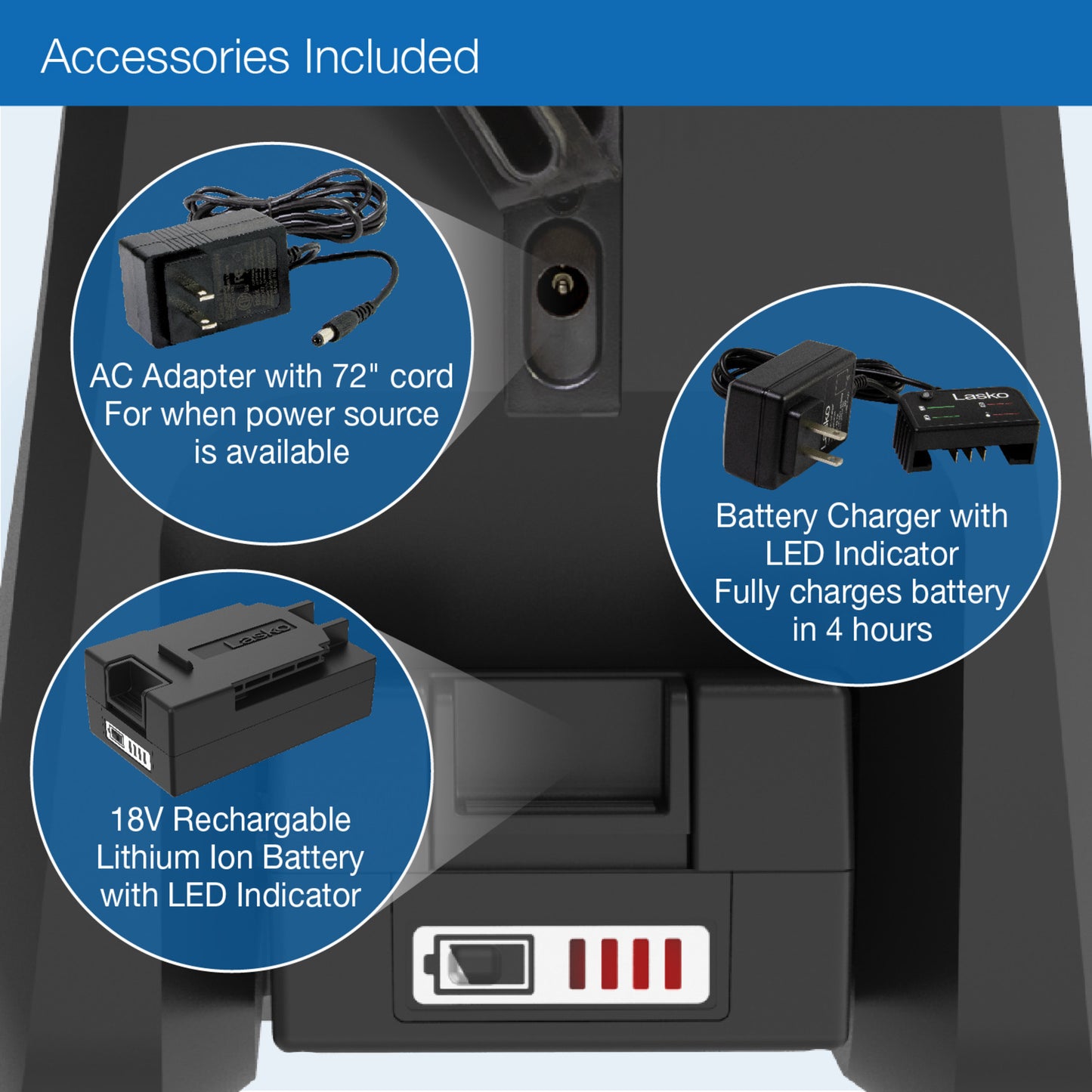 Lasko 17" 5-Speed Portable Battery Fan with 18V Lithium Ion Battery and Adapter, RB200, White