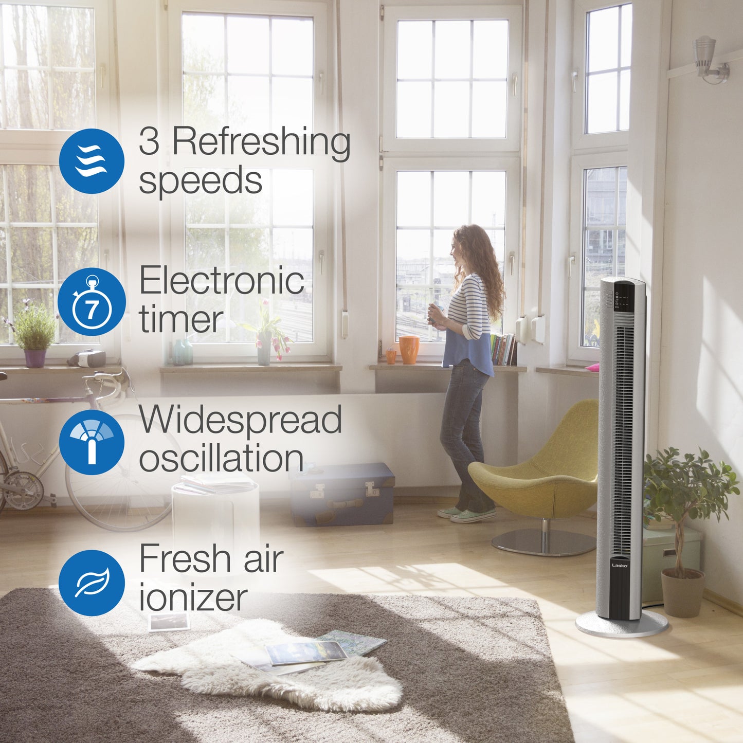 Lasko 48" Oscillating Tower Fan with Fresh Air Ionizer and Remote Control, T48310, Gray