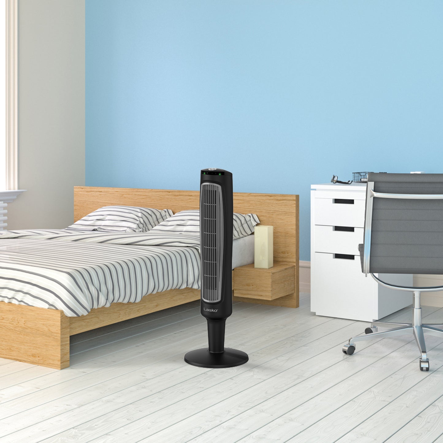 Lasko 38" Oscillating 3- Speed Wind Tower Fan with Remote, T38305, Black/Silver