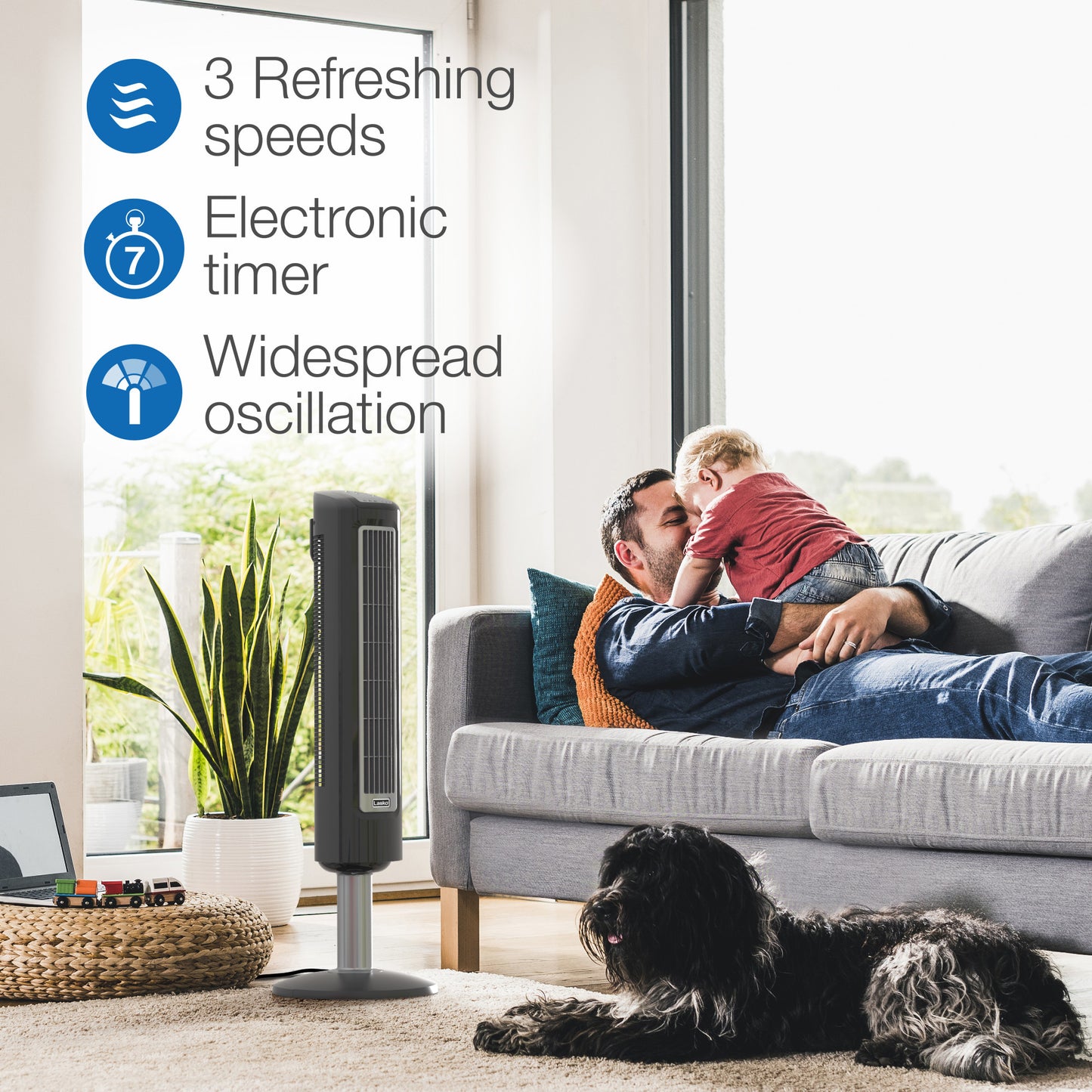 Lasko 38" Wind Tower 3-Speed Oscillating Tower Fan with Remote and Timer, 2519, Gray