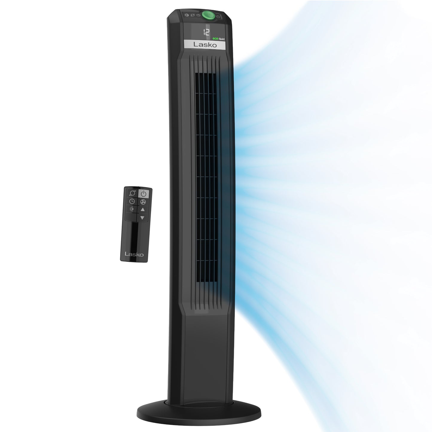 Lasko 42" 12-Speed EcoQuiet DC Motor Tower Fan with Remote Control, T42700, Black
