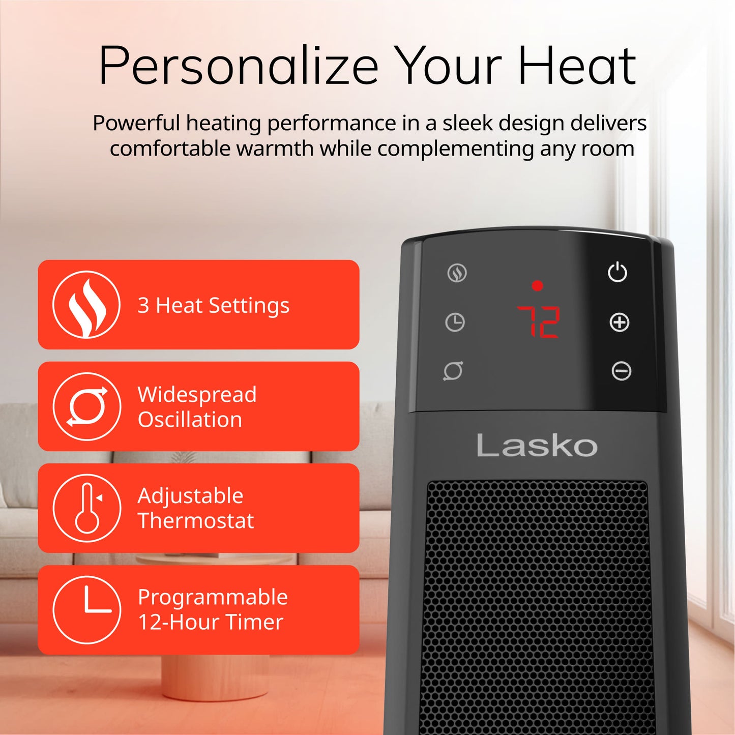 Lasko 22" Ceramic Tower Space Heater: Oscillating, 3 Heat Settings, Remote, Timer, Tip-Over Switch, Thermostat, Black