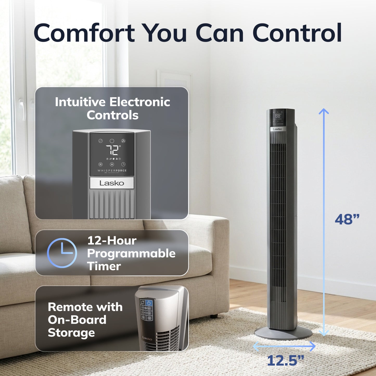 Lasko TDC48 WhisperForce™ DC 48" Tower Fan (12-speed, remote, gray)