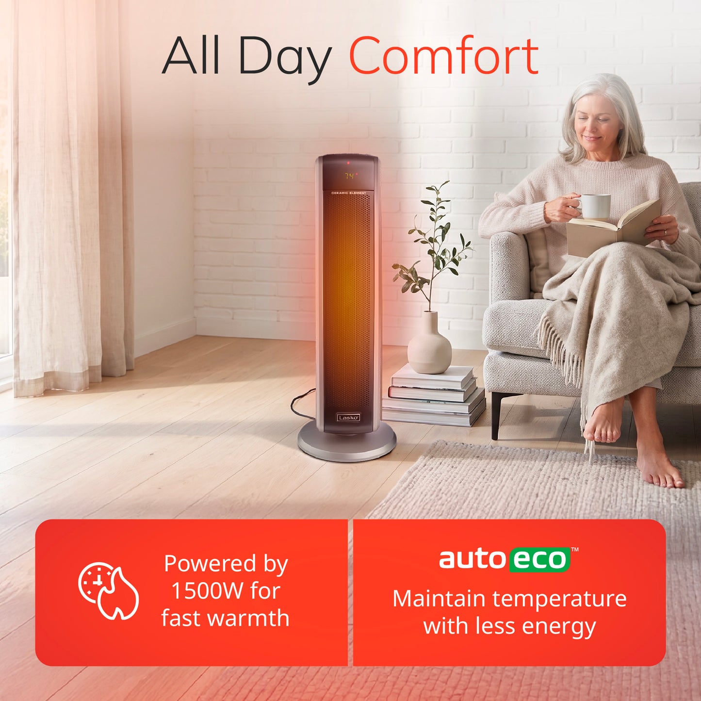 Lasko 29" Ceramic Tower Space Heater: Oscillating, 2 Heat Settings, Remote, Timer, Thermostat, Black