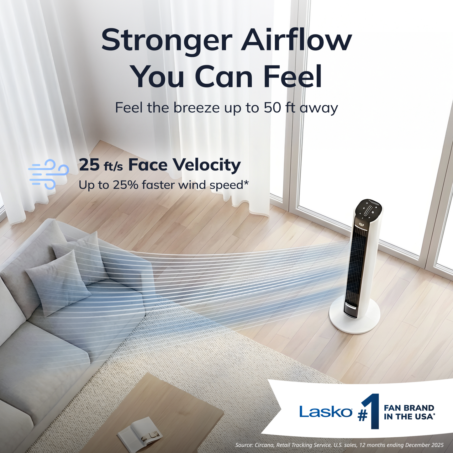 Lasko TDC402 WhisperForce™ DC 40" Tower Fan (12-speed, remote, white)