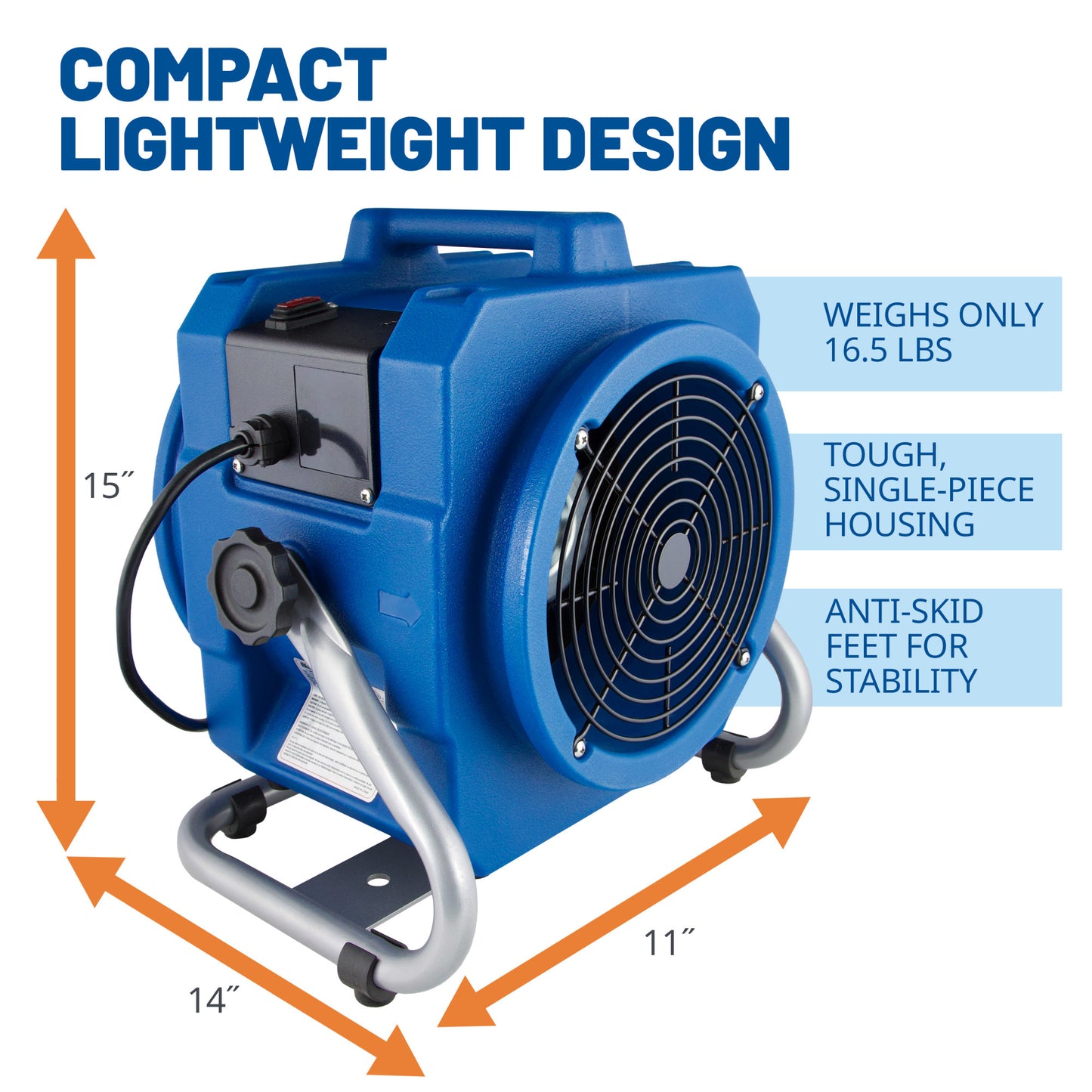 BlueDri 1/5 HP Axial Air Mover Blower Fan: 870 CFM, 2-speed, blue