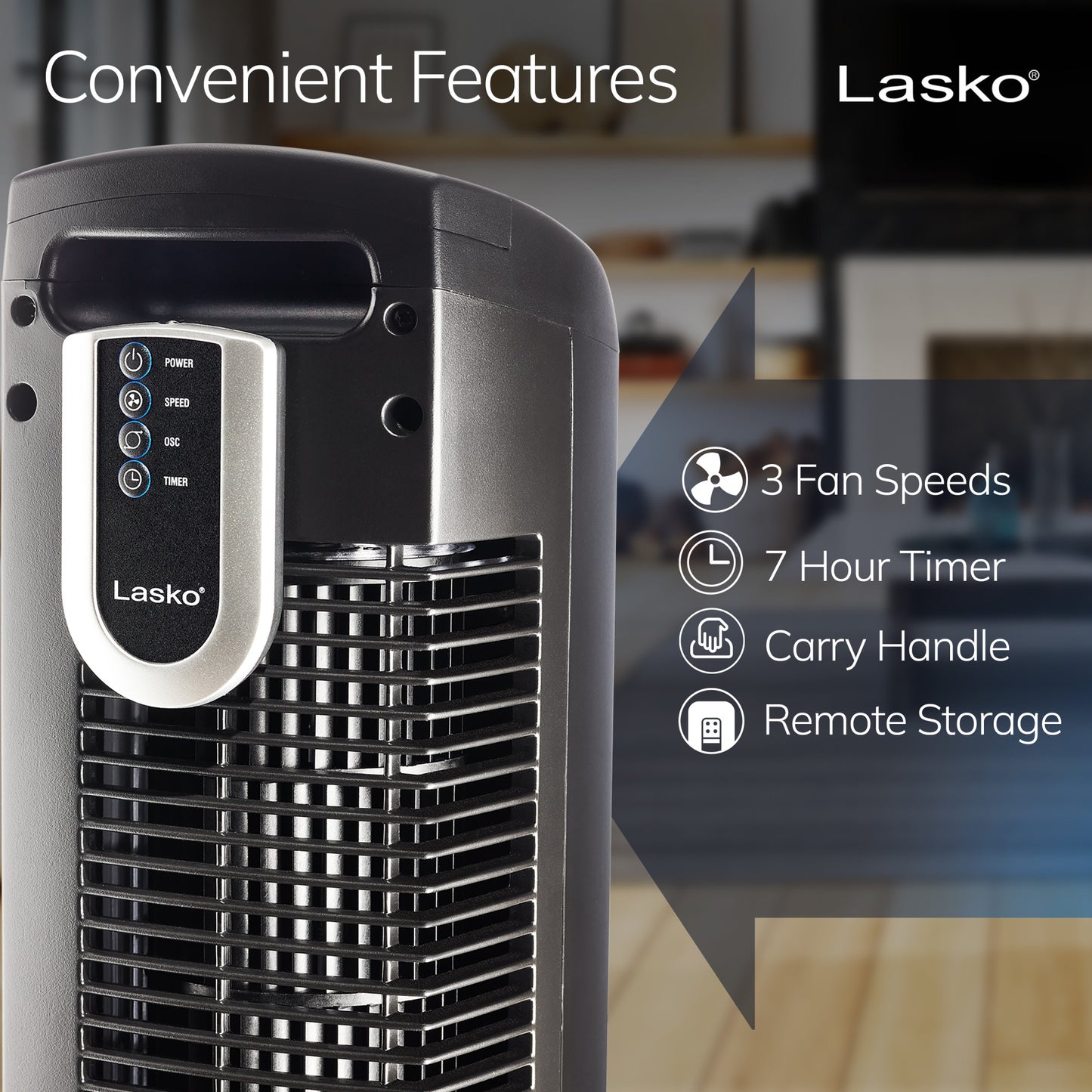 Lasko 36" 3-Speed Oscillating Tower Fan with Remote Control and Timer, 2511, Black