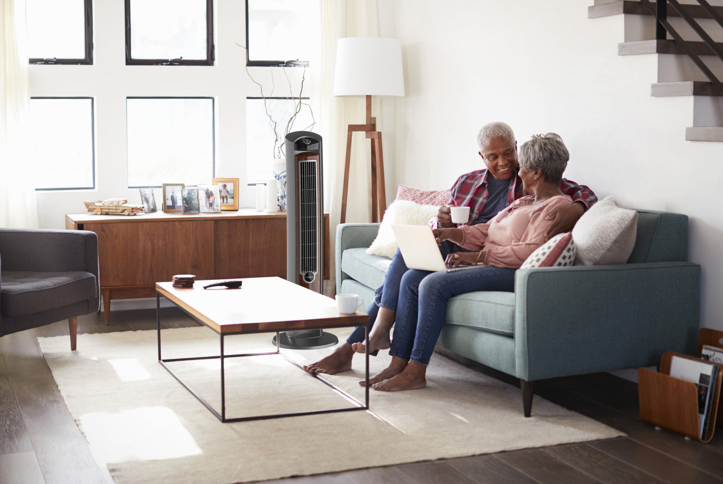 Lasko 42" Wind Curve Tower Fan with Ionizer and Remote, 2554, Gray/Woodgrain