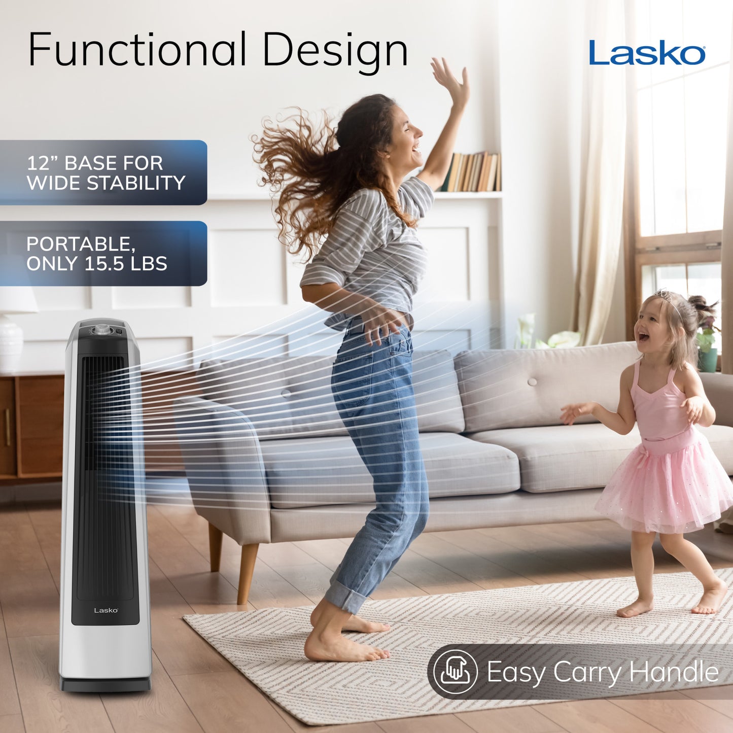 Lasko Oscillating High Velocity Tower Fan with 3 Speeds, U35105, Gray/Black