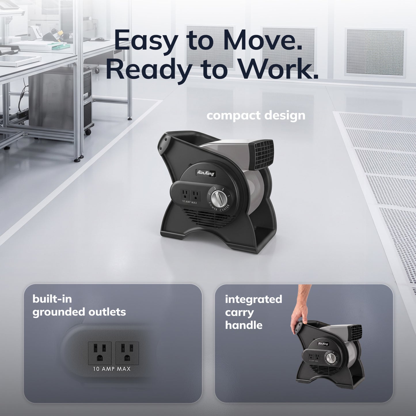 Air King 1/16 HP 11" Air Mover Blower Fan: 3-Speed, High Velocity, 2 Outlets, Pivoting, Black