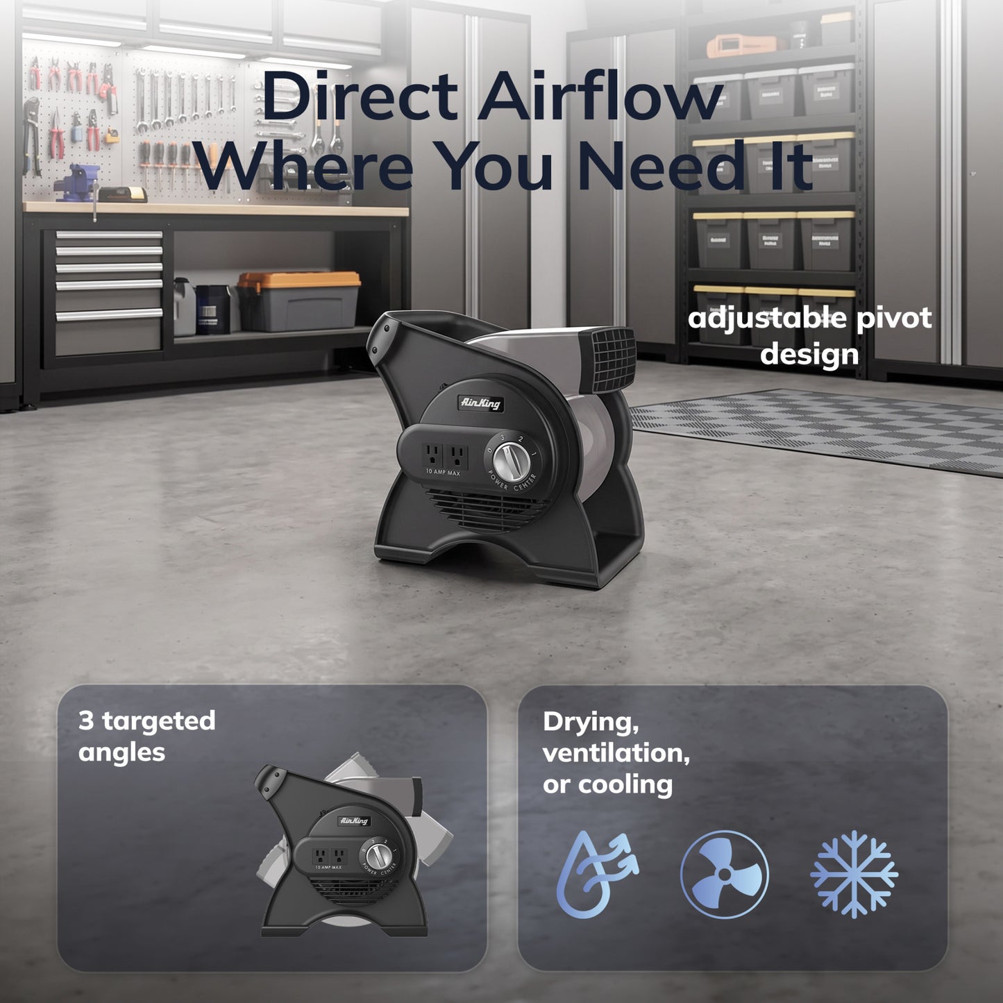 Air King 1/16 HP 11" Air Mover Blower Fan: 3-Speed, High Velocity, 2 Outlets, Pivoting, Black