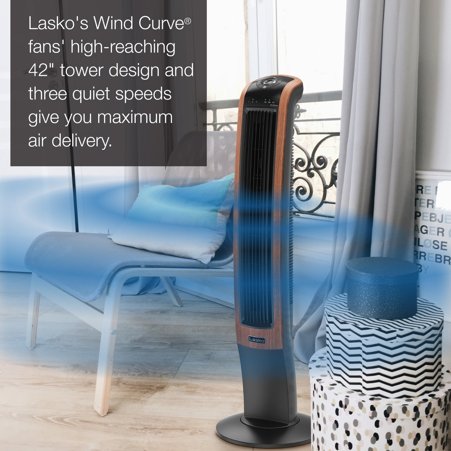 Lasko 42" Wind Curve 3-Speed Oscillating Tower Fan with Bluetooth® Technology, T42905, Woodgrain